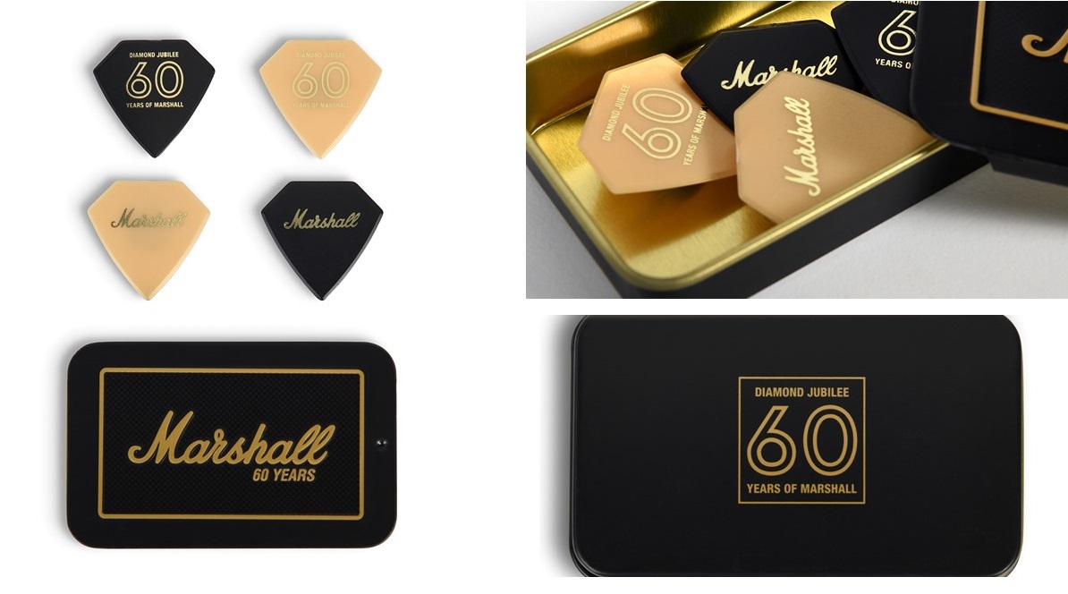 Bộ 4 miếng gẩy guitar hình viên kim cương dập nổi màu vàng kim logo Marshall và logo 60 năm được đựng trong hộp thiếc màu đen